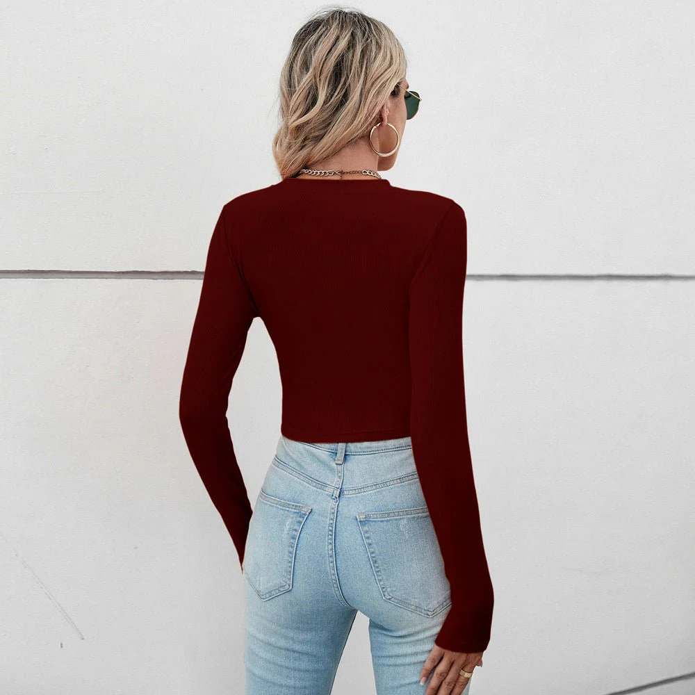 2025 Summer Comfortable Casual Irregular Short Pleated Slim Fit Long Sleeve Women's T-shirt - Image 33