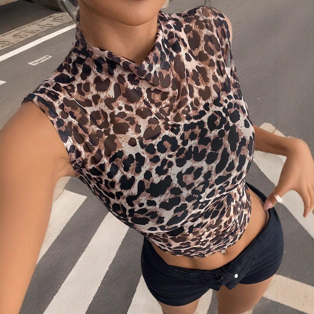 2025 summer new women's clothing top slim and thin sleeveless leopard print stand-up collar sexy women's T-shirt