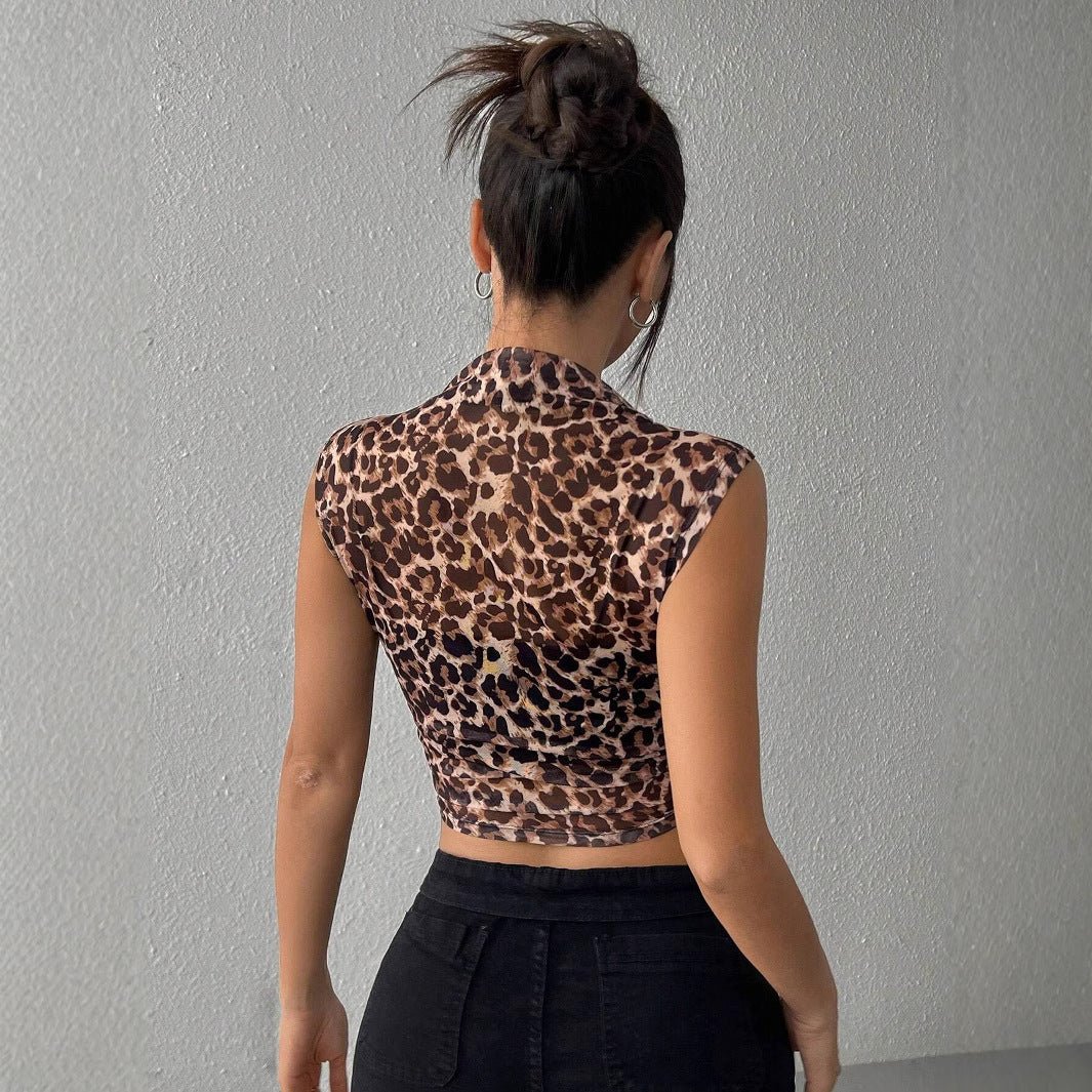 2025 summer new women's clothing top slim and thin sleeveless leopard print stand-up collar sexy women's T-shirt - Image 2