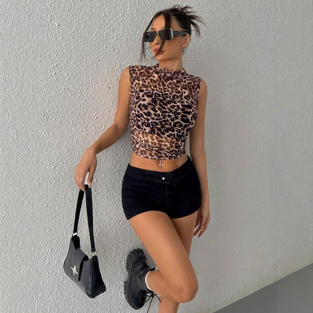 2025 summer new women's clothing top slim and thin sleeveless leopard print stand-up collar sexy women's T-shirt - Image 4