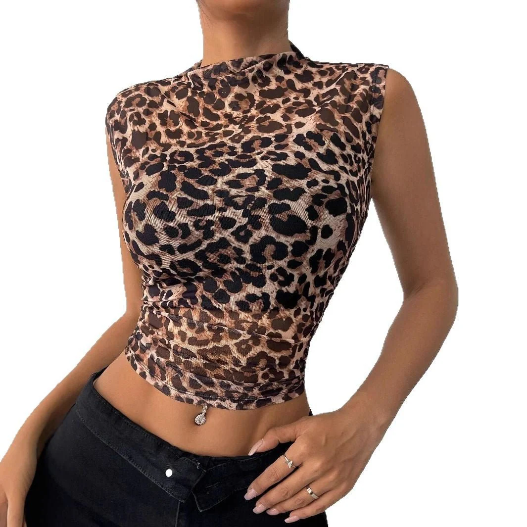 2025 summer new women's clothing top slim and thin sleeveless leopard print stand-up collar sexy women's T-shirt - Image 5