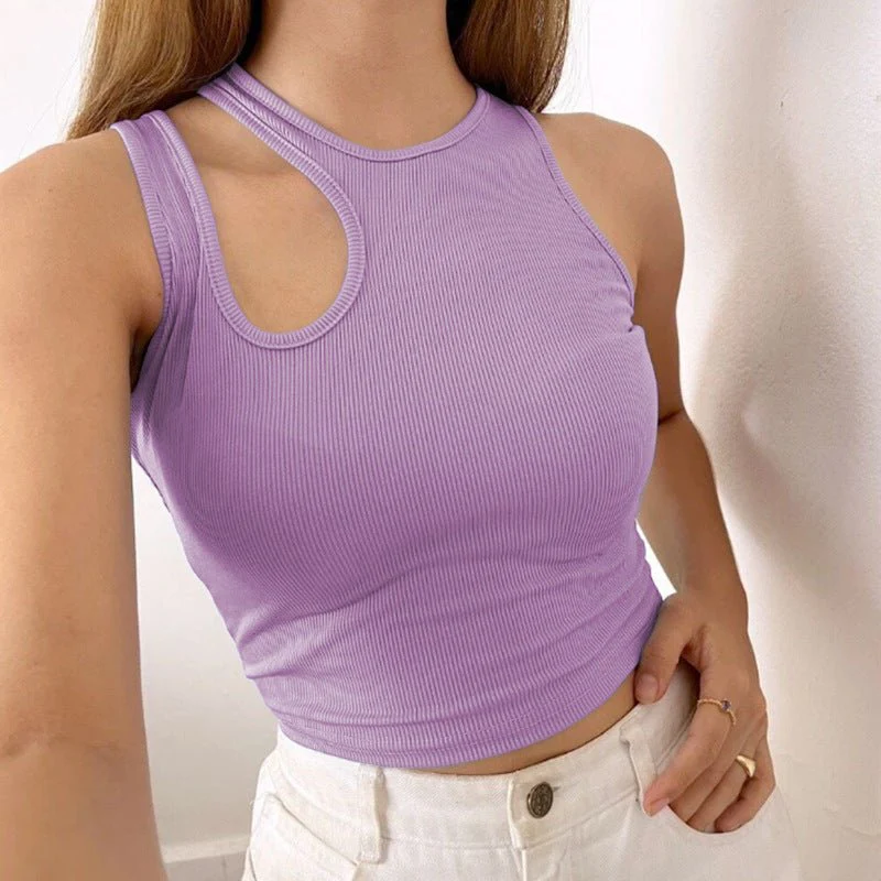 2025 Summer New Women's Ribbed Navel-Exposed Slim Fit Top Hollow Design Sleeveless Round Neck Vest