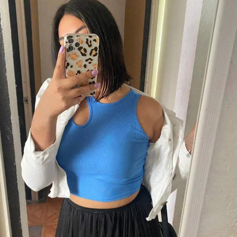 2025 Summer New Women's Ribbed Navel-Exposed Slim Fit Top Hollow Design Sleeveless Round Neck Vest - Image 11
