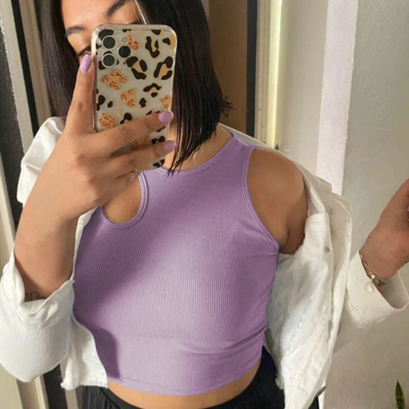 2025 Summer New Women's Ribbed Navel-Exposed Slim Fit Top Hollow Design Sleeveless Round Neck Vest - Image 16