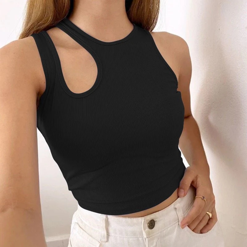 2025 Summer New Women's Ribbed Navel-Exposed Slim Fit Top Hollow Design Sleeveless Round Neck Vest - Image 3