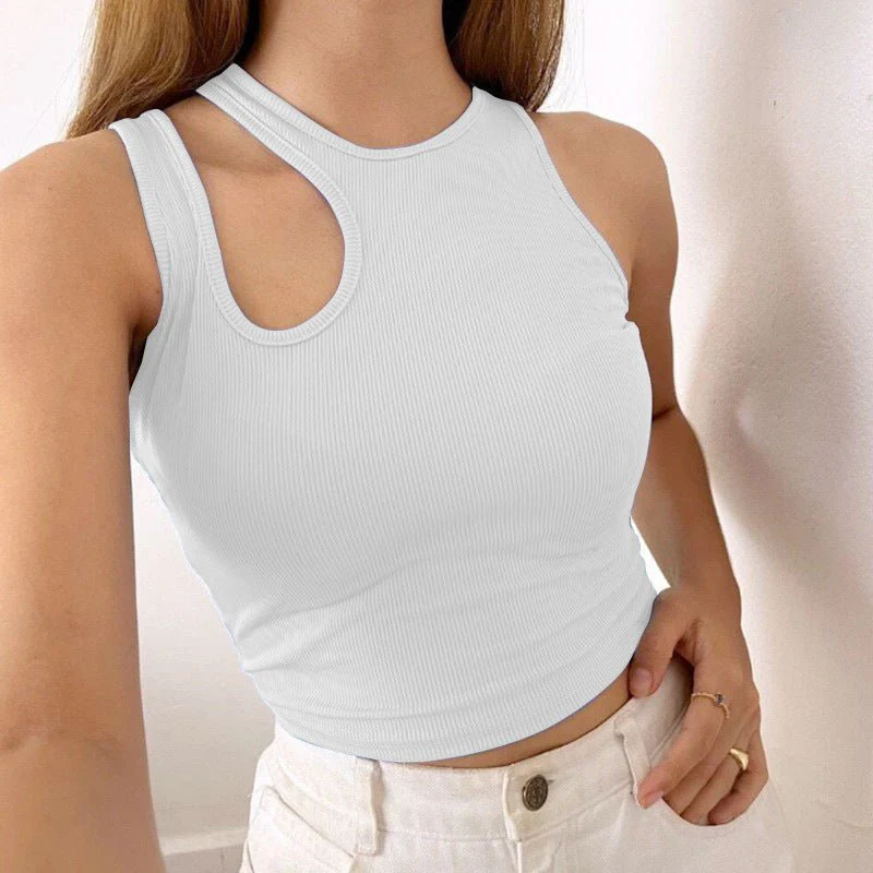 2025 Summer New Women's Ribbed Navel-Exposed Slim Fit Top Hollow Design Sleeveless Round Neck Vest - Image 5