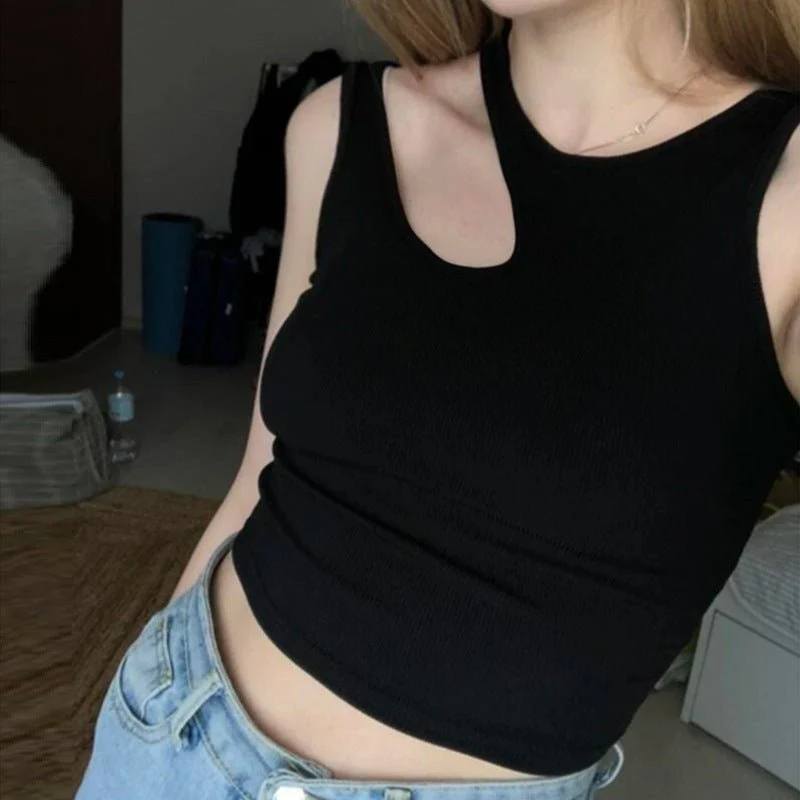 2025 Summer New Women's Ribbed Navel-Exposed Slim Fit Top Hollow Design Sleeveless Round Neck Vest - Image 8