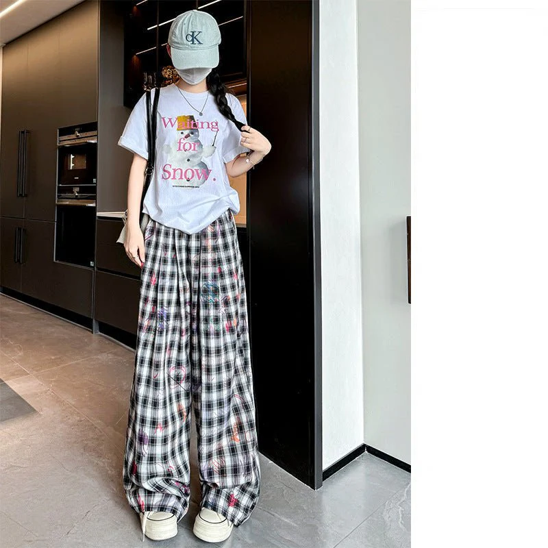 American hand-painted graffiti plaid pants summer women's pants women's loose straight trousers printed drape wide-leg pants - Image 5