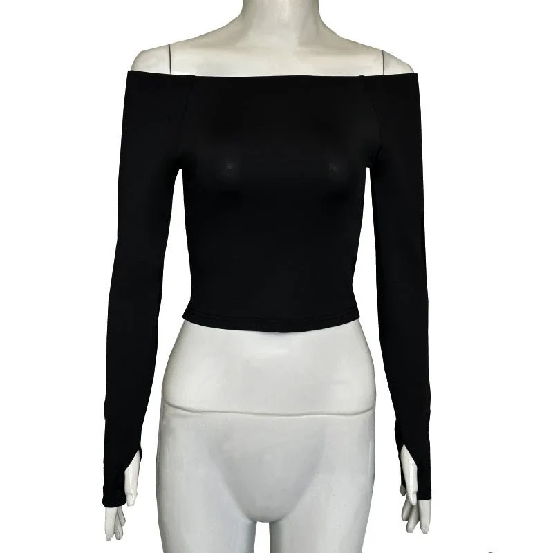 Basic simple solid color one-word collar off-the-shoulder bottoming T-shirt (FD) - Image 5