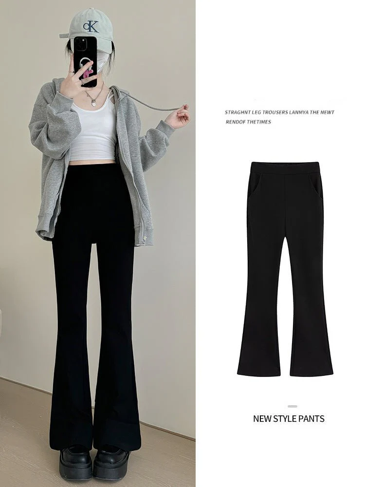 Black horseshoe pants women's pants spring and autumn new high waist slim mopping wide leg pants suit small size flared pants