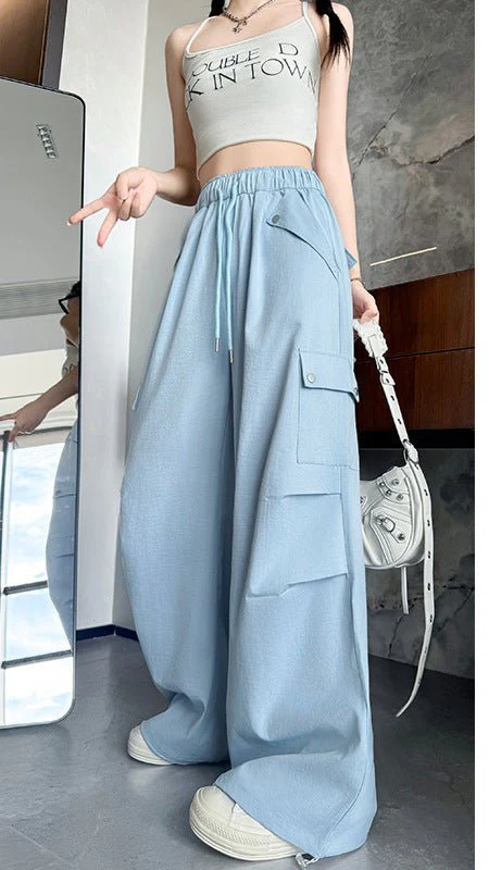 Blue American overalls women's spring, autumn and summer thin 2025 new straight paratrooper wide-leg pants small sweatpants