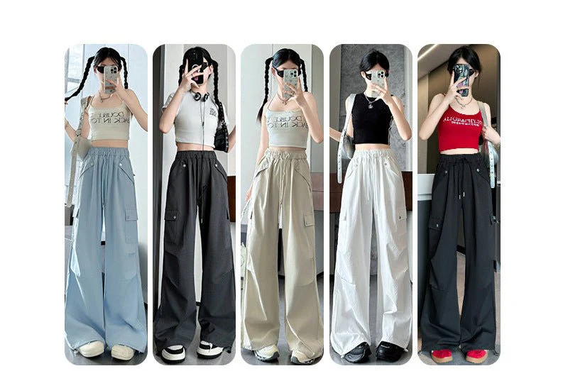 Blue American overalls women's spring, autumn and summer thin 2025 new straight paratrooper wide-leg pants small sweatpants - Image 2