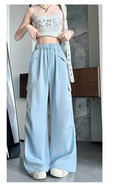 Blue American overalls women's spring, autumn and summer thin 2025 new straight paratrooper wide-leg pants small sweatpants - Image 3