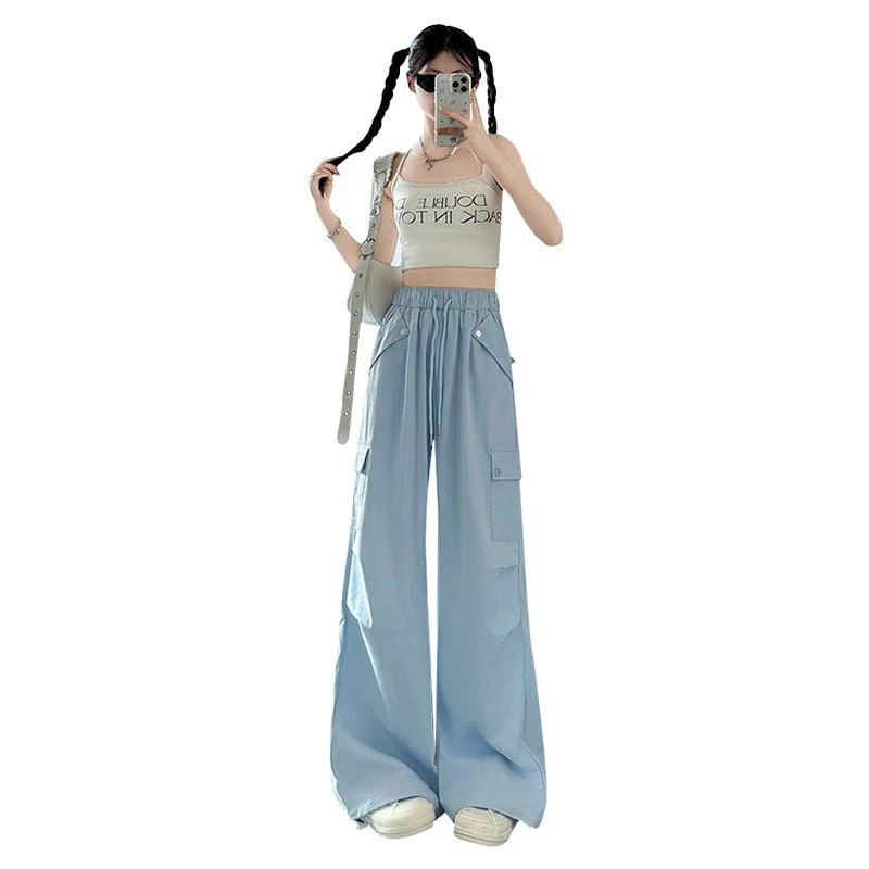 Blue American overalls women's spring, autumn and summer thin 2025 new straight paratrooper wide-leg pants small sweatpants - Image 5