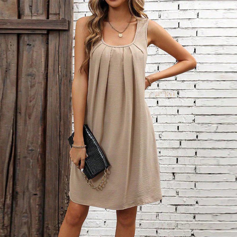 Commuter style solid color pleated vest dress women's loose U-neck strap A-shaped dress - Image 2