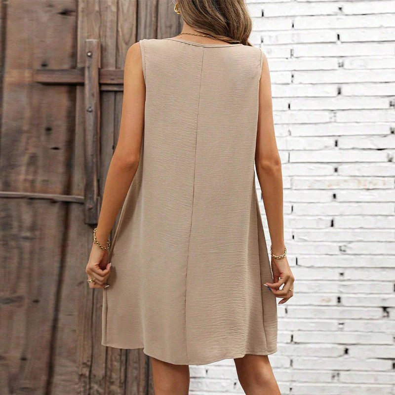 Commuter style solid color pleated vest dress women's loose U-neck strap A-shaped dress - Image 3