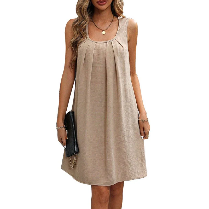 Commuter style solid color pleated vest dress women's loose U-neck strap A-shaped dress - Image 5