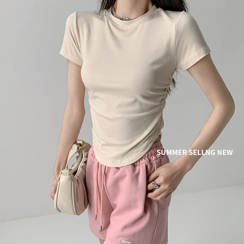 Dopamine wears a round neck short-sleeved T-shirt for women's short slim-fitting summer inner top and outer Spice Girl bottoming shirt tide
