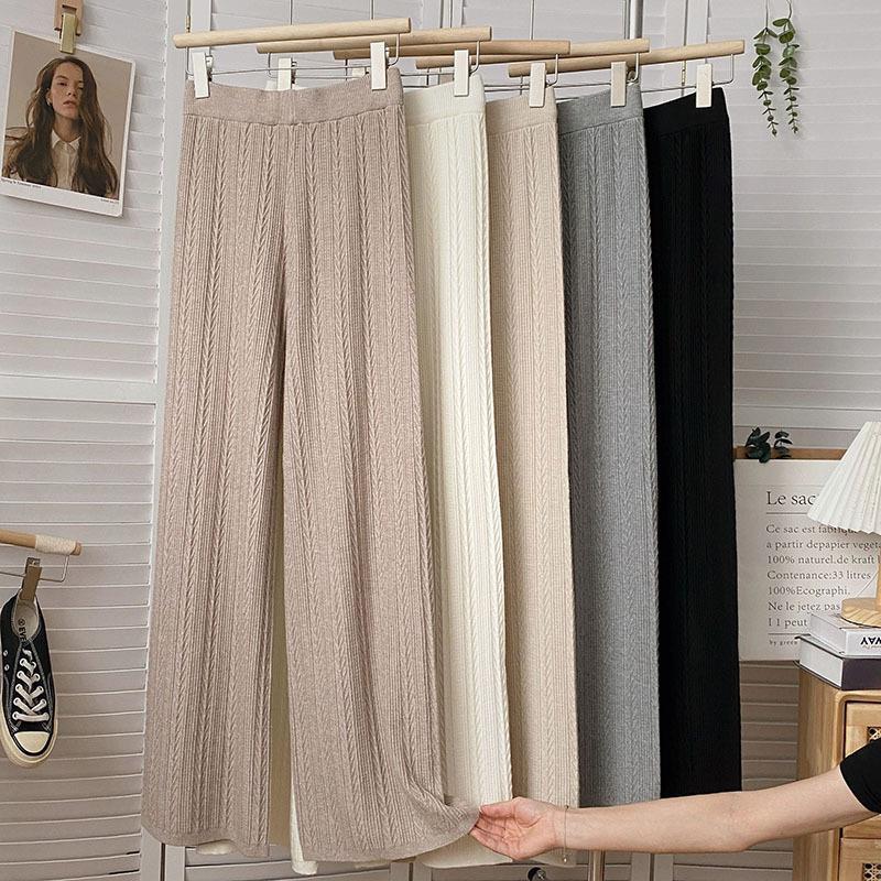 Japanese Style Knit Straight-Leg Pants – Elastic Waist Thick Casual Trousers