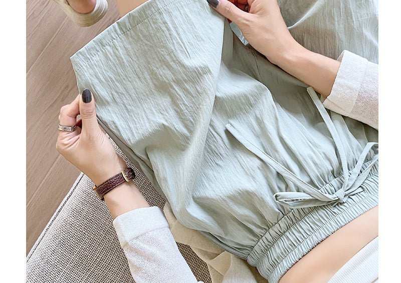 Light green ice silk Yamamoto shorts outside women's summer 2025 new high-waisted wide-leg medium pants loose casual five-point pants