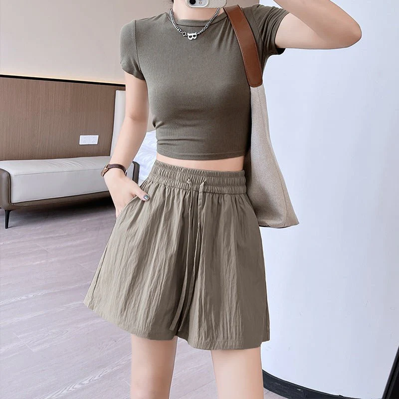 Light green ice silk Yamamoto shorts outside women's summer 2025 new high-waisted wide-leg medium pants loose casual five-point pants - Image 14