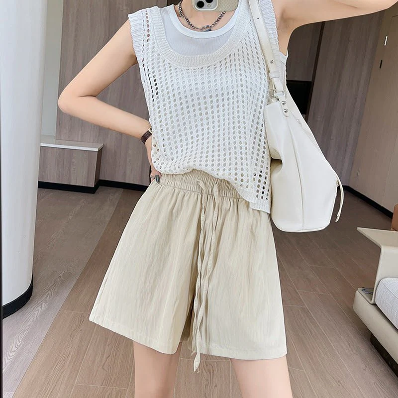 Light green ice silk Yamamoto shorts outside women's summer 2025 new high-waisted wide-leg medium pants loose casual five-point pants - Image 15