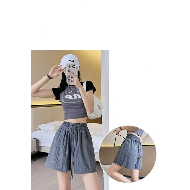 Light green ice silk Yamamoto shorts outside women's summer 2025 new high-waisted wide-leg medium pants loose casual five-point pants - Image 3