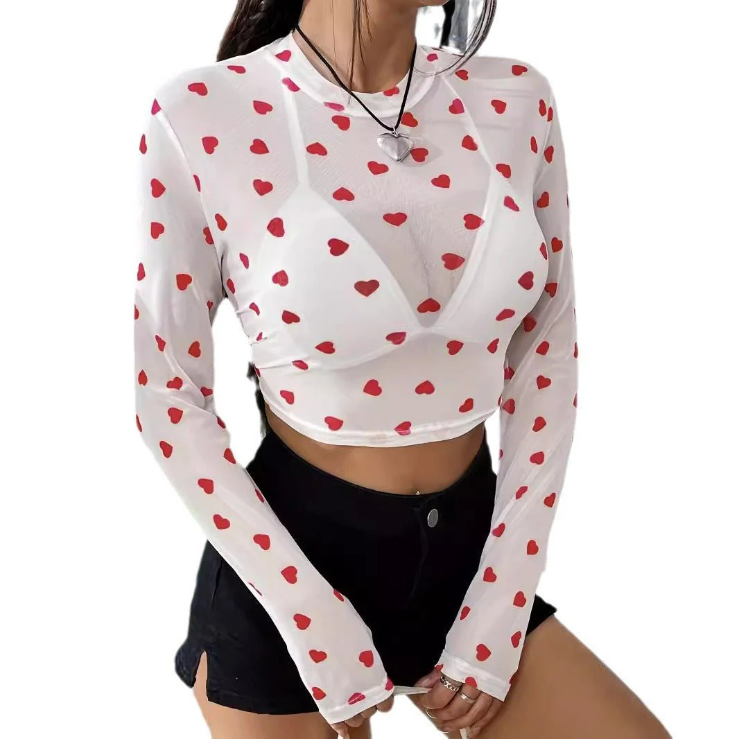 Mesh printing love round neck long sleeve T-shirt thin top women - Image 5