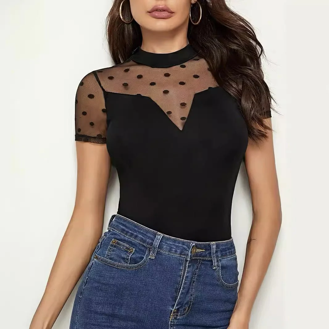 Mesh splicing small stand-up collar short-sleeved new T-shirt slim tops for women