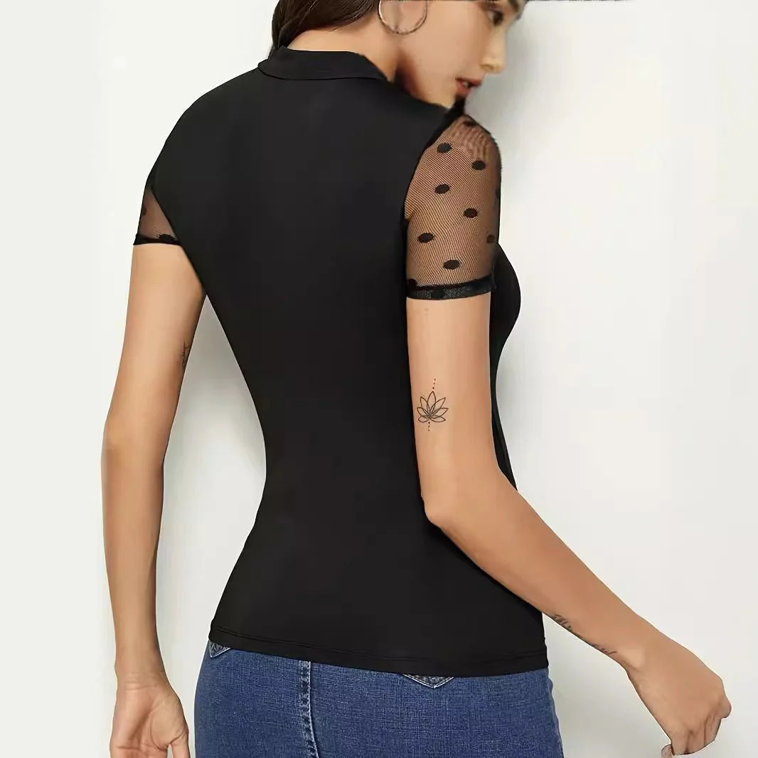 Mesh splicing small stand-up collar short-sleeved new T-shirt slim tops for women - Image 2