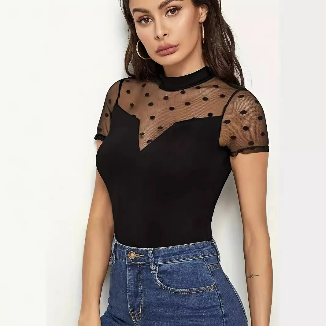 Mesh splicing small stand-up collar short-sleeved new T-shirt slim tops for women - Image 3