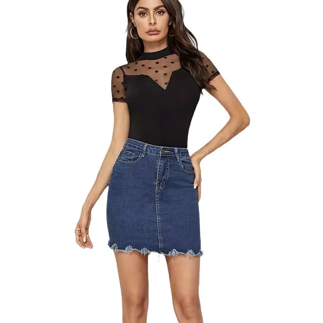 Mesh splicing small stand-up collar short-sleeved new T-shirt slim tops for women - Image 5