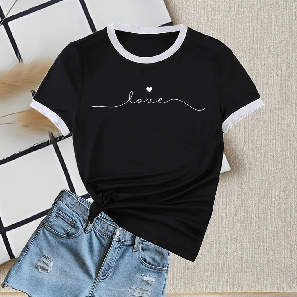 New summer round neck contrasting color matching short-sleeved casual slim-fit women's T-shirt versatile top