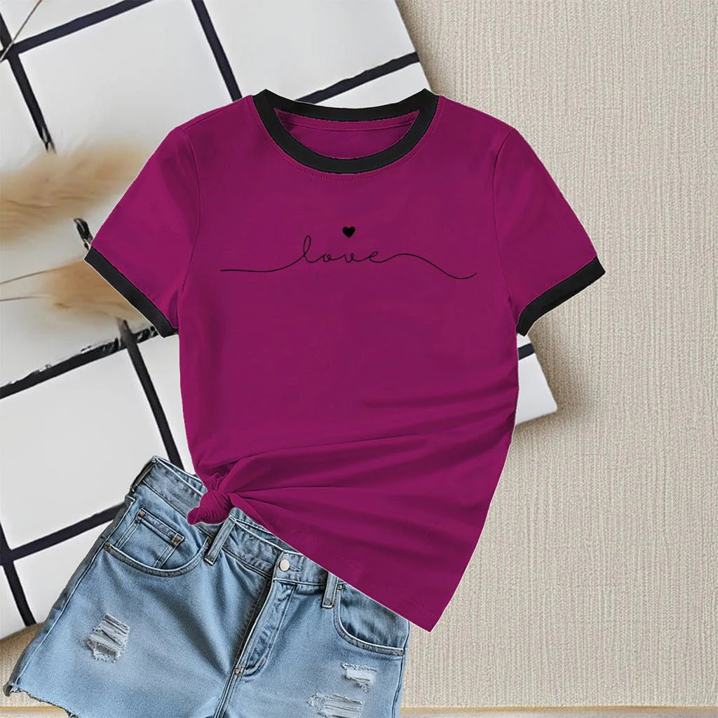 New summer round neck contrasting color matching short-sleeved casual slim-fit women's T-shirt versatile top - Image 11