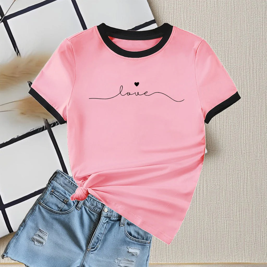 New summer round neck contrasting color matching short-sleeved casual slim-fit women's T-shirt versatile top - Image 2