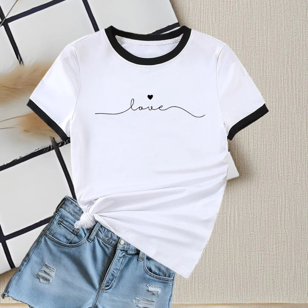 New summer round neck contrasting color matching short-sleeved casual slim-fit women's T-shirt versatile top - Image 4