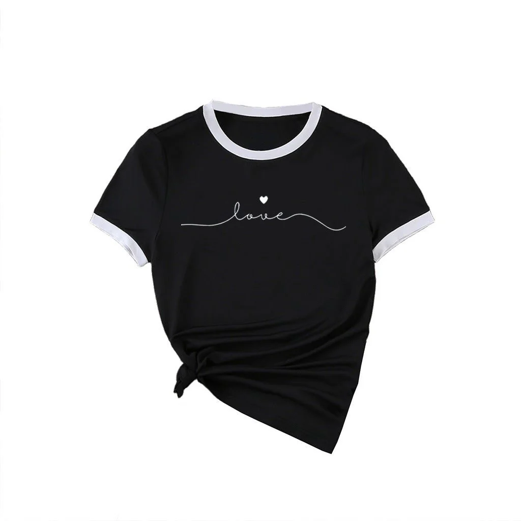 New summer round neck contrasting color matching short-sleeved casual slim-fit women's T-shirt versatile top - Image 5