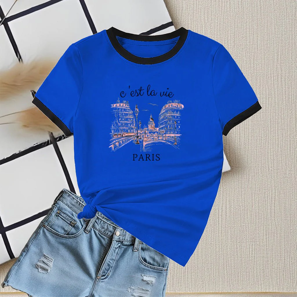 New summer round neck contrasting color matching short-sleeved casual slim-fit women's T-shirt versatile top - Image 10