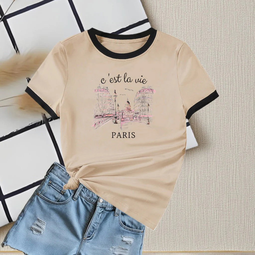 New summer round neck contrasting color matching short-sleeved casual slim-fit women's T-shirt versatile top - Image 2