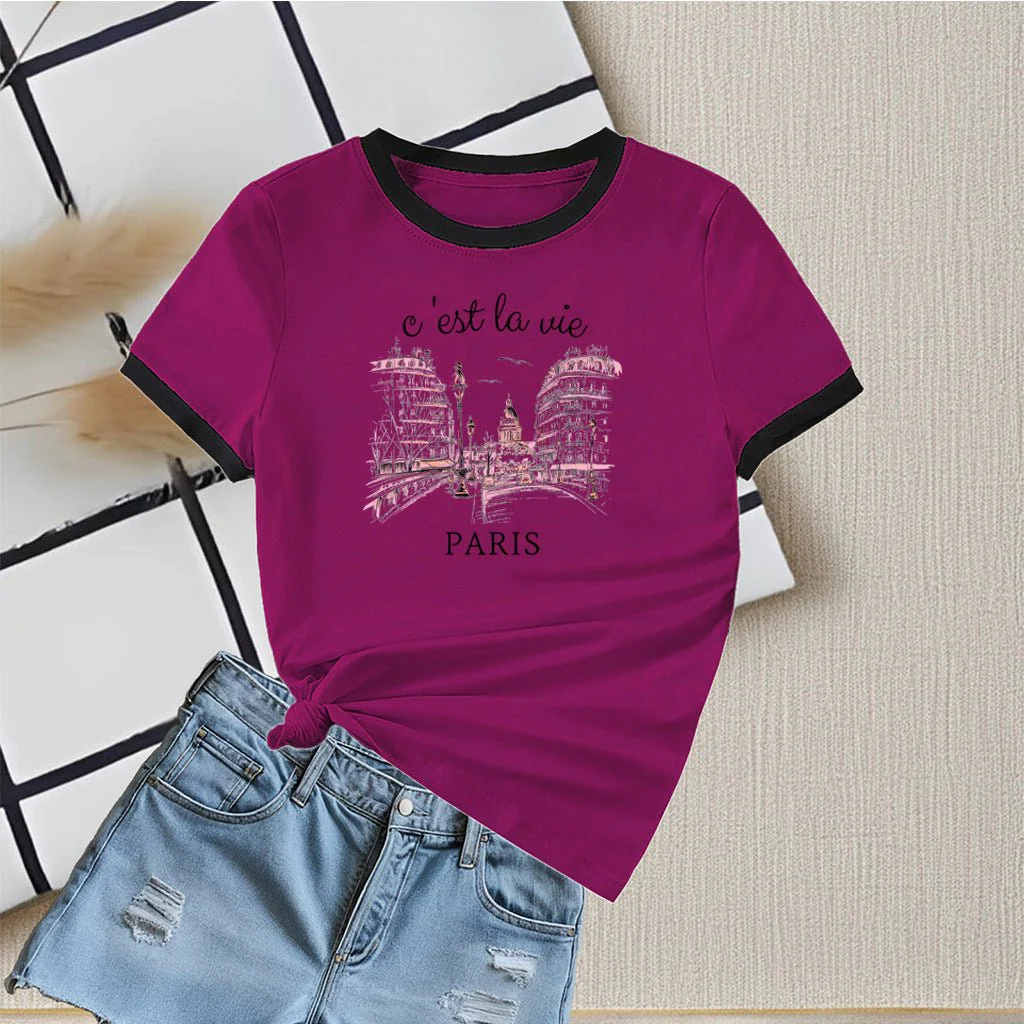 New summer round neck contrasting color matching short-sleeved casual slim-fit women's T-shirt versatile top - Image 4