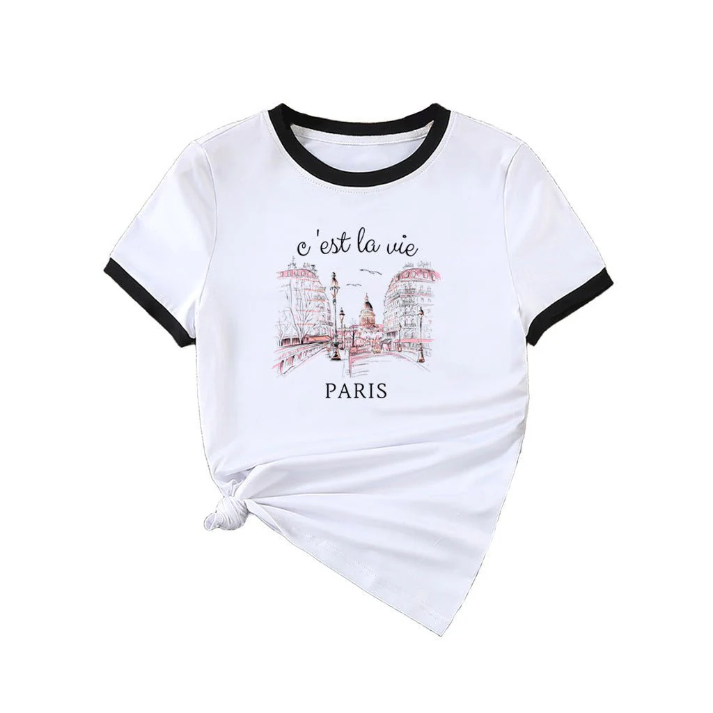 New summer round neck contrasting color matching short-sleeved casual slim-fit women's T-shirt versatile top - Image 5