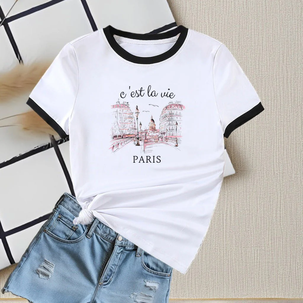 New summer round neck contrasting color matching short-sleeved casual slim-fit women's T-shirt versatile top - Image 6