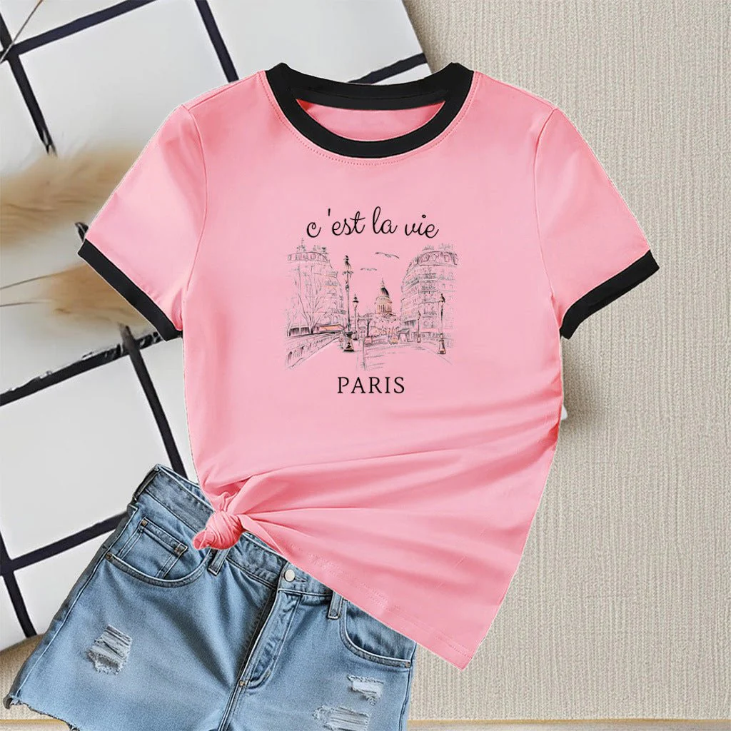 New summer round neck contrasting color matching short-sleeved casual slim-fit women's T-shirt versatile top - Image 7