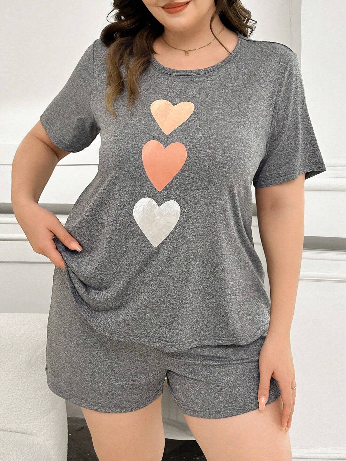 Plus Size Women Heart Print Crew Neck Short Sleeve T-Shirt And Shorts Pajama Set, Outfits - Image 4