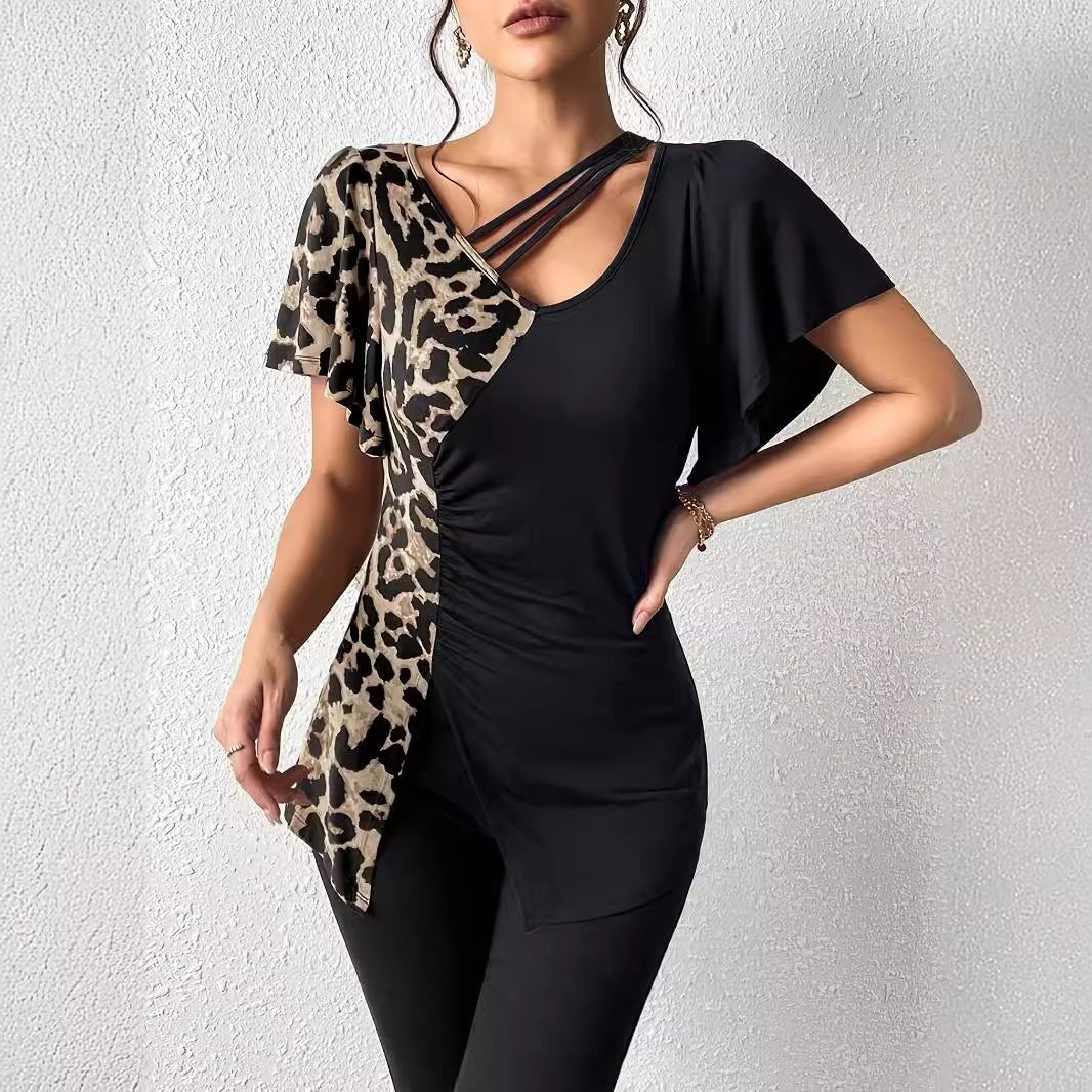 Popular leopard print asymmetric collar butterfly sleeve splicing top women