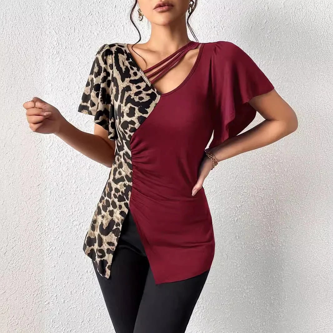 Popular leopard print asymmetric collar butterfly sleeve splicing top women - Image 3
