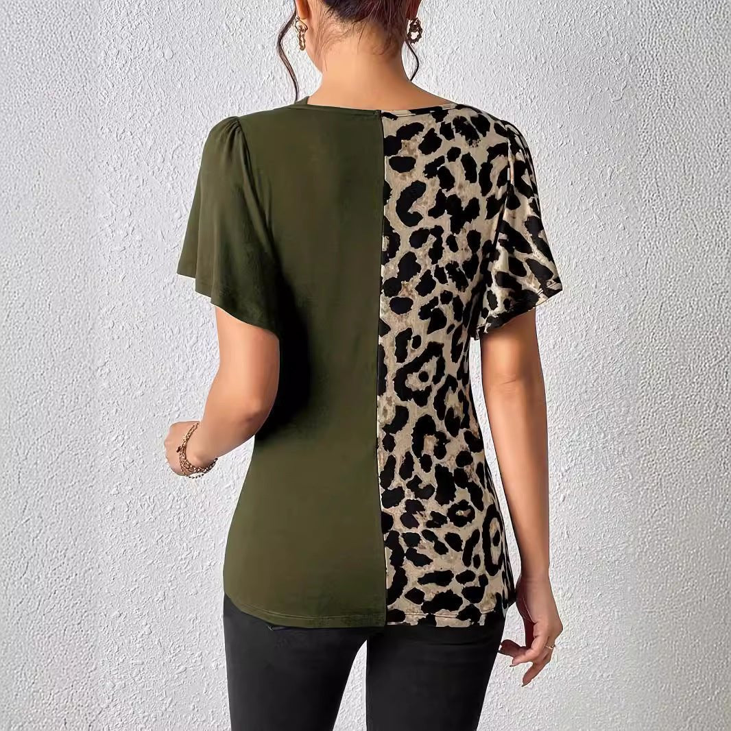 Popular leopard print asymmetric collar butterfly sleeve splicing top women - Image 4