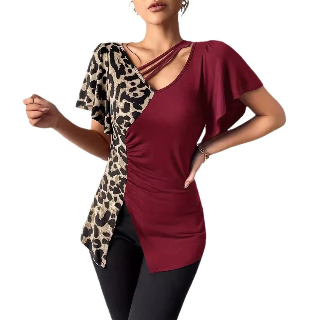 Popular leopard print asymmetric collar butterfly sleeve splicing top women - Image 5