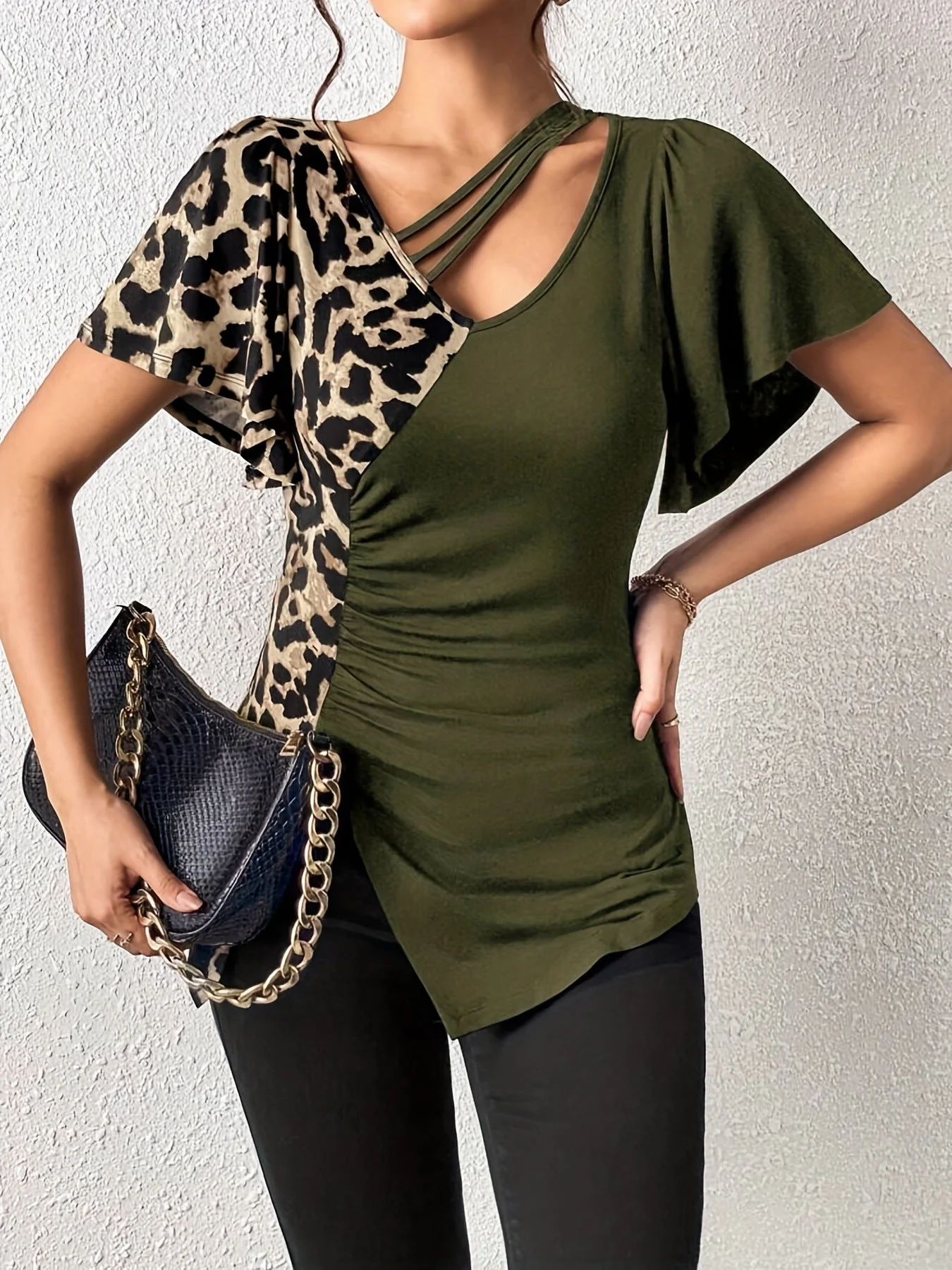 Popular leopard print asymmetric collar butterfly sleeve splicing top women - Image 8