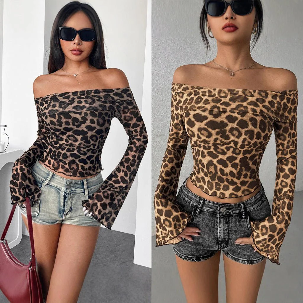 Sexy one-word shoulder long-sleeved T-shirt leopard print mesh top sexy babes
